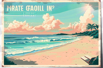 A stunning vintage travel poster featuring a tropical beach scene, vibrant pastel colors, retro typography, soft gradients. Generative Ai.