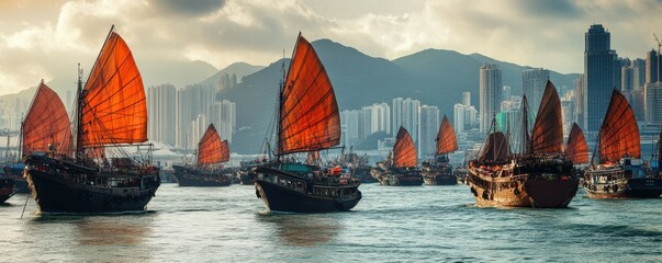 A bustling harbor filled with fishing boats and cargo ships, their sails billowing in the sea breeze.