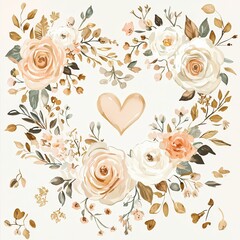 Whimsical Floral Heart: A delicate heart formed by blooming blush and white roses and greenery evokes a sense of love, beauty, and elegance.
