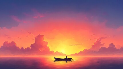 Serene sunset over calm waters with a lone boat silhouette against vibrant sky colors