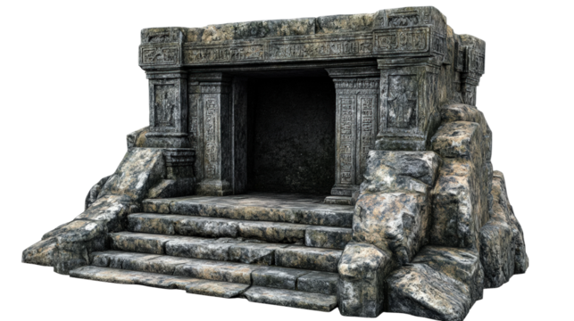 Ancient stone temple with intricate carvings and steps located in a remote area isolated on transparent background