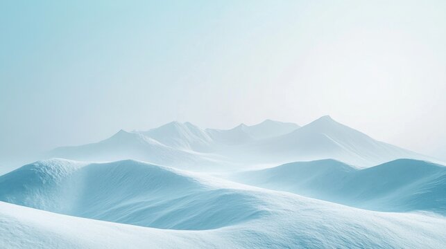 Serene snowy mountain landscape under soft blue light, evoking tranquility and peace.