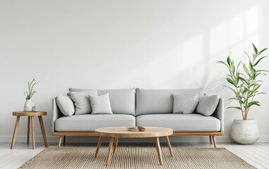 A sleek Nordic-inspired living space with a soft gray fabric sofa, woven rugs, and a natural wood coffee table
