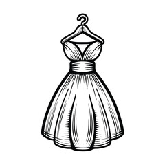 A simple line art illustration of a dress hanging on a clothes hanger, designed for a clothing store.