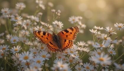 Obraz premium Orange butterfly perched on daisies in a meadow