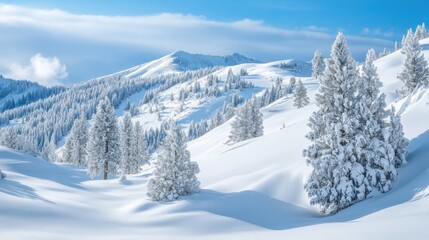 Serene winter landscape with snow-covered hills and frosted pine trees under a clear blue sky.
