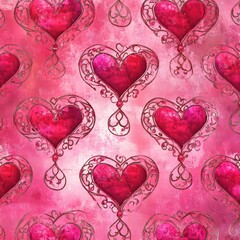 Enchanted Hearts:  A romantic pattern of ornate, crimson hearts set against a dreamy pink backdrop, perfect for expressing love, Valentine's Day, or creating a whimsical, fairytale aesthetic. 