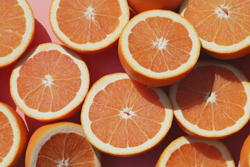 A beautiful arrangement of perfectly cut orange slices showcases their vibrant colors and juicy texture, ideal for food photography or a fresh fruit market setting.