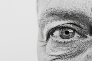 An up-close shot of a human eye in black and white emphasizes the intricate texture and details of the iris, revealing the depth and complexity of human expression.