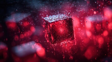 Red cube submerged, water droplets, bokeh background, abstract art