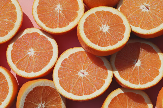 A beautiful arrangement of perfectly cut orange slices showcases their vibrant colors and juicy texture, ideal for food photography or a fresh fruit market setting.