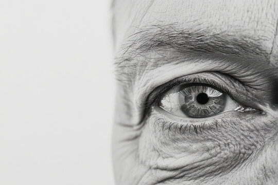 An up-close shot of a human eye in black and white emphasizes the intricate texture and details of the iris, revealing the depth and complexity of human expression.