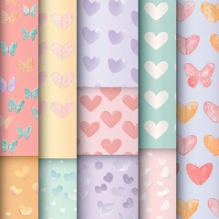 Pastel Hearts and Butterflies Seamless Patterns: A delightful collection of twelve pastel-toned seamless patterns featuring charming butterflies and hearts, perfect for crafting, design.