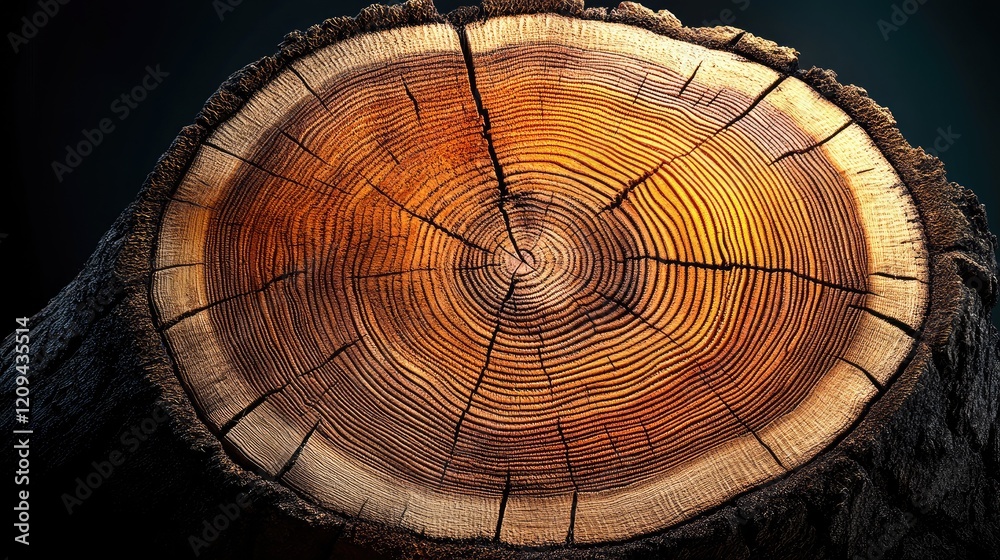 Wall mural Tree trunk cross-section, rings, texture, dark background, nature