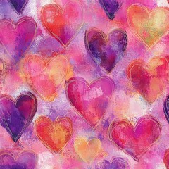 Vibrant Heartscape: A dynamic abstract art design explodes with vibrant colors, each heart painted in hues of pink, purple, orange and yellow, evoking a sense of joy and optimism.  