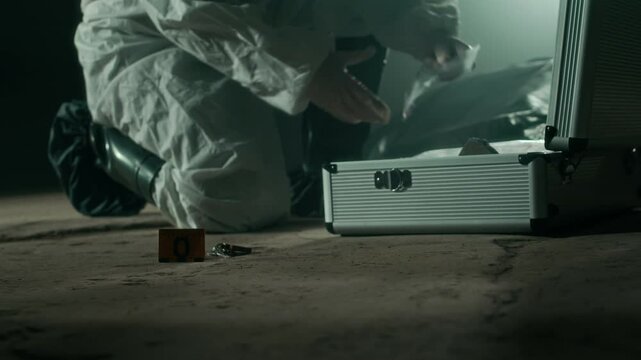 Ground level lowkey shot of forensic expert wearing protective costume collecting evidence into suitcase under flashing police light at crime scene in dark mysterious setting