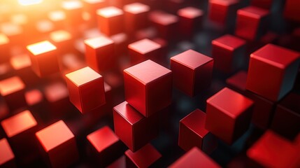 Red Cubes Rising Sunlit Data Abstract
