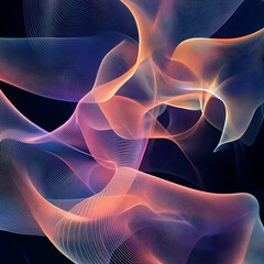 Fototapeta premium Abstract Flow: Ethereal, flowing lines of vibrant coral and deep blue create a mesmerizing abstract artwork. The dynamic forms dance across a dark backdrop, evoking a sense of movement and energy. 