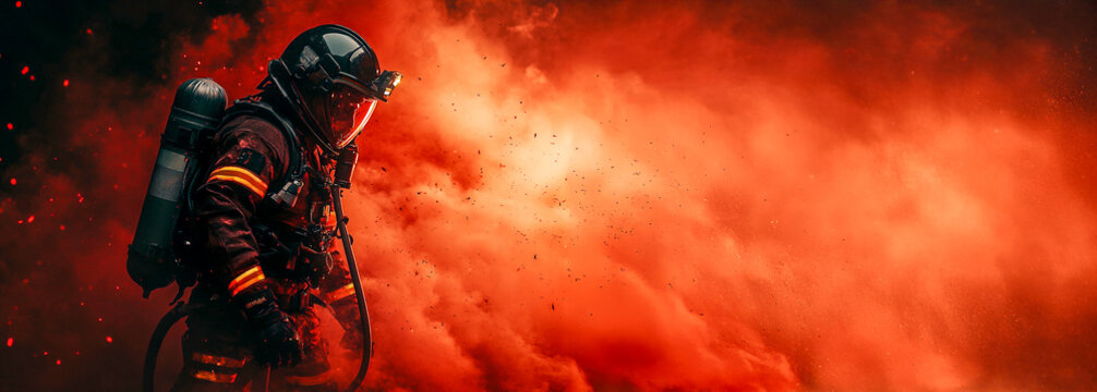 Bombero en acci&oacute;n con equipo completo, rodeado de humo y chispas en un ambiente rojo intenso, representando valent&iacute;a y hero&iacute;smo.