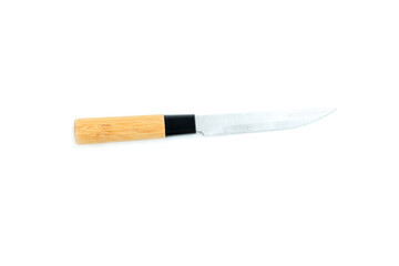 Stainless steel knife with brown wooden handle isolated on white background, kitchen knife with bamboo handle