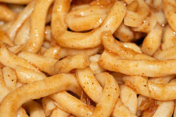 Close up of Egg Noodles in a Thick Sauce Meal