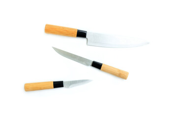 Stainless steel knife with brown wooden handle isolated on white background, kitchen knife with bamboo handle