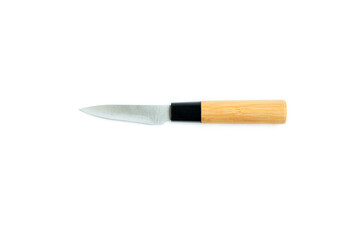 Stainless steel knife with brown wooden handle isolated on white background, kitchen knife with bamboo handle