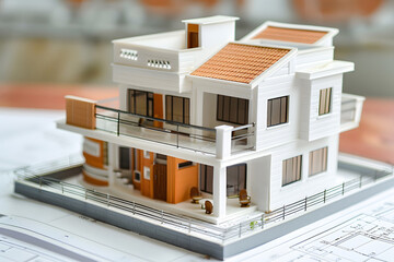 Architectural model of a modern house on blueprints, intricate details and clean lines, realistic rendering, soft shadows, vibrant colors. Generative Ai.