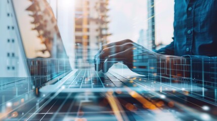 Cityscape Background Person Typing Laptop Digital Overlay