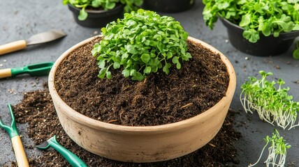 A vibrant green plant grows in rich soil, surrounded by gardening tools and smaller plants, showcasing a thriving indoor gardening setup.