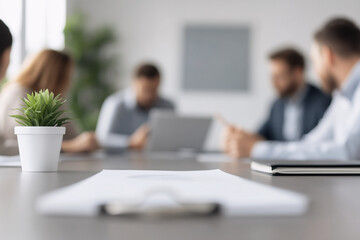 A soft focus image of a group of professionals brainstorming around a table