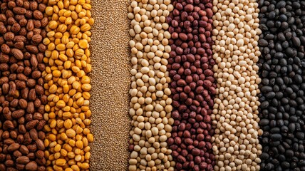 Naklejka premium A vibrant array of diverse grains and legumes arranged in rows, showcasing various colors and textures.