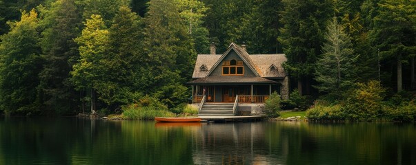 Obraz premium A tranquil lakeside cottage surrounded by towering trees, with a rowboat moored at the dock.