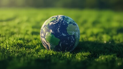 A vibrant globe rests on lush green grass, symbolizing Earth"s beauty and environmental consciousness.