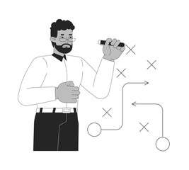 African american businessman designing strategy with flowchart black and white 2D line character. Decision-making business black man isolated vector outline person. Monochromatic spot illustration