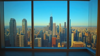 Stunning cityscape view through a large window showcasing skyscrapers and blue sky.