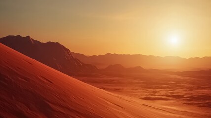 Naklejka premium A stunning sunset over a vast desert landscape, showcasing rolling sand dunes and distant mountains illuminated by warm golden hues.