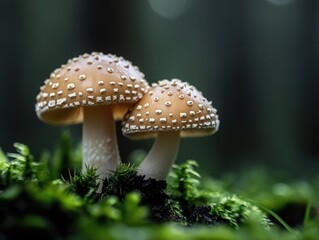 Fototapeta premium Two mushrooms are on a green mossy ground