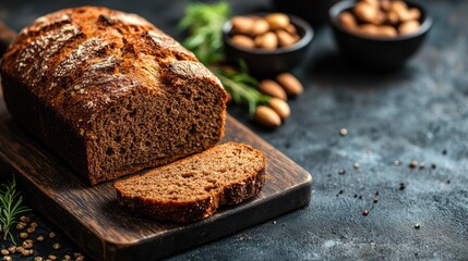 Rustic sourdough loaf sliced, almonds, herbs, dark background, food photography