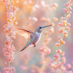 Fototapeta premium Hummingbird's Embrace: A delicate hummingbird hovers amidst a profusion of soft pink blossoms, wings outstretched in mid-flight, creating a breathtaking scene of natural grace and beauty.