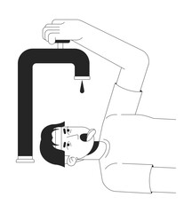 Water scarcity black and white 2D illustration concept. Drought environmental issue. Thirsty asian man struggling with dry tap and droplet outline character isolated. Metaphor monochrome vector art