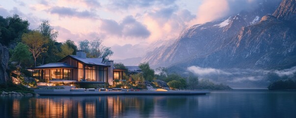 Fototapeta premium A tranquil lakeside retreat surrounded by towering mountains, where guests relax and unwind amidst stunning natural beauty.