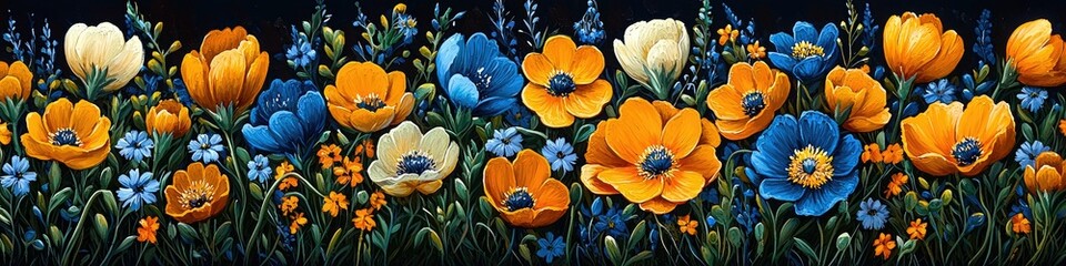 Fototapeta premium Vibrant Orange Blue Flowers Blooming In Lush Meadow