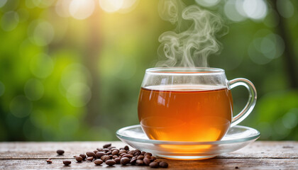 Steaming cup of tea on wooden table, serene inviting ambiance