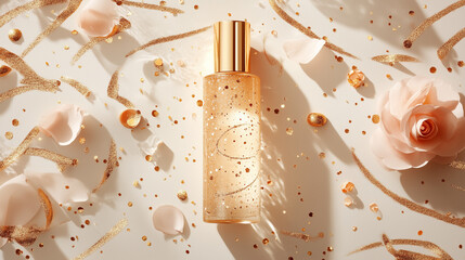 Champagne bottle with gold glitter and confetti, celebrating festive moments in style