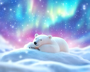Fototapeta premium A peaceful polar bear aurora moment under glowing skies, where the polar bear aurora dreamscape meets icy wonder, highlighting the serenity of a resting polar bear aurora beneath the northern lights