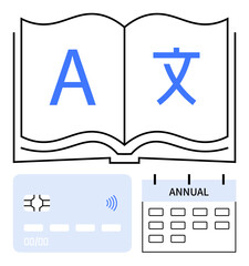 Open book with letters A and , credit card with contactless icon, yearly calendar. Ideal for language courses, online subscriptions, global communication, education, multilingual tools, e-learning