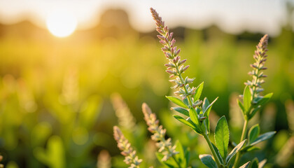 Fototapeta premium Fresh buds on plants glowing at sunset, serene beauty