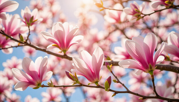Beautiful magnolia blossoms blooming under spring sunshine, seasonal joy