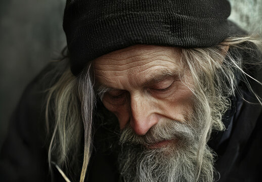 A man with a long beard and a black hat is looking looking down